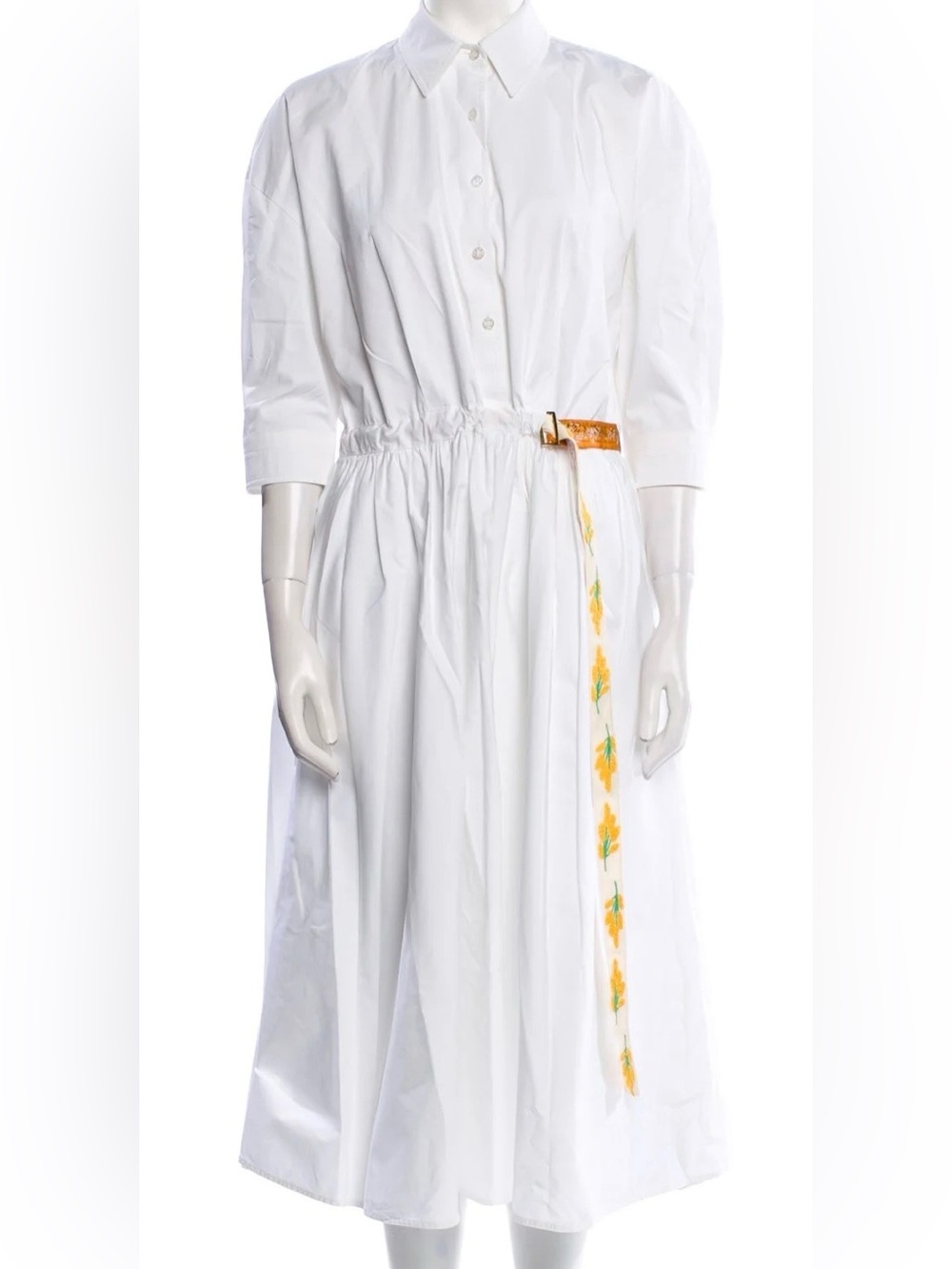 Tory Burch White Poplin Shirt Dress with Floral Belt